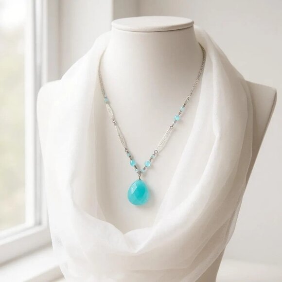 Blue Faceted Glass Drop Pendant Glass Bead White Metal Link Necklace Earring - Picture 2 of 2